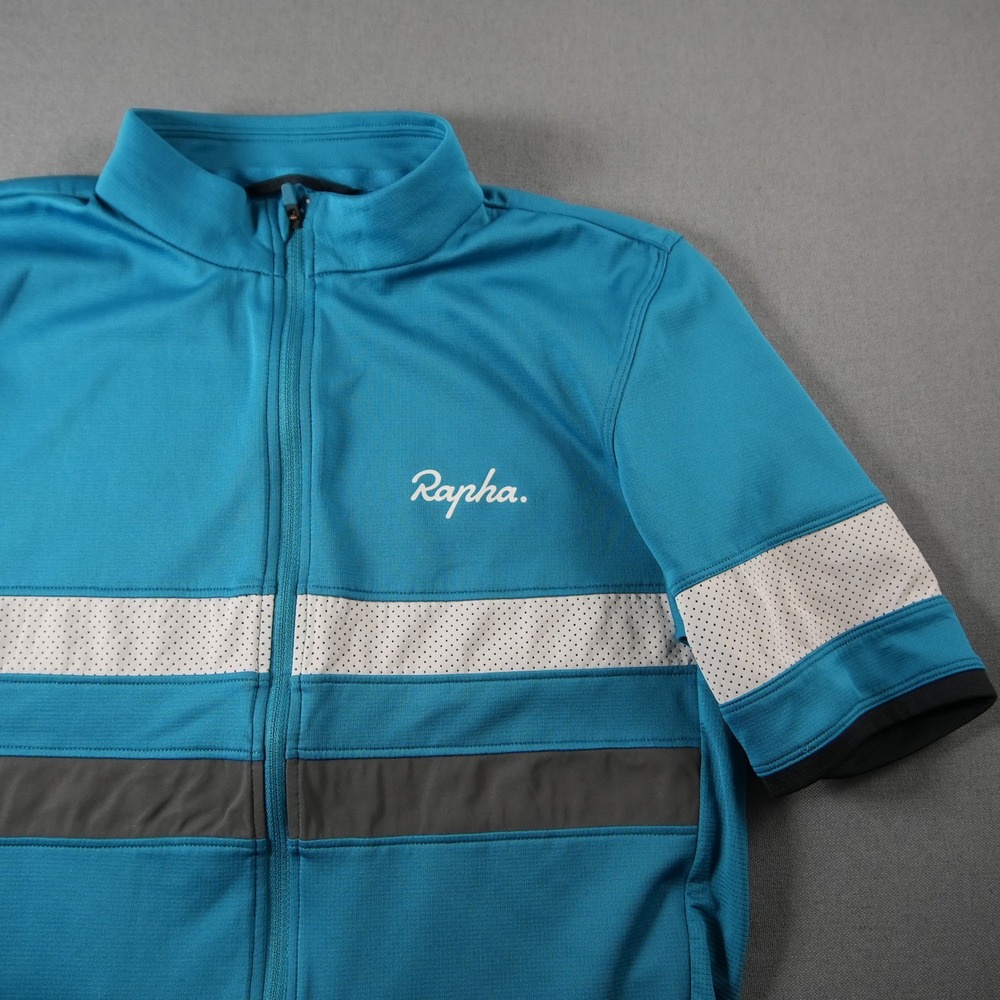 Rapha Cycling Striped Jersey Mens M Teal Blue Short Sleeve Full Zip Performance